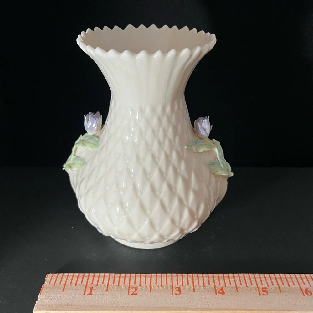 Vintage Ireland 7th Mark 80’s Belleek Blue‎ Floral Thistle Top Vase 5” H